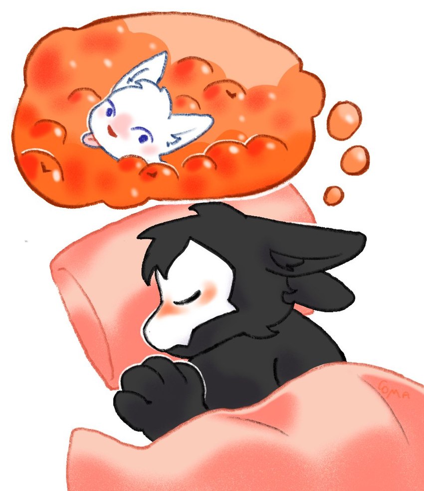 ambiguous_gender anthro bedding blanket blue_eyes blush dream duo food fruit fur orange_(fruit) pillow plant sleeping tongue tongue_out white_body white_fur corpse_maggots changed_(video_game) lin_(changed) puro_(changed) canid canine canis dark_latex goo_creature mammal wolf 2024