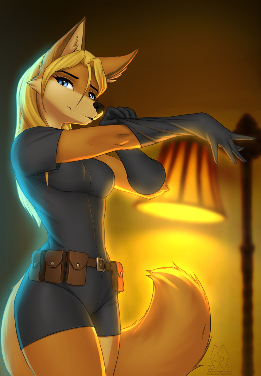 5_fingers anthro blonde_hair blue_eyes breasts clothed clothing eyebrows eyelashes female fingers fur gloves hair handwear orange_body orange_fur solo standing vigilante mykegreywolf jennifer_sherwood canid canine fox mammal 2021 absurd_res digital_media_(artwork) hi_res