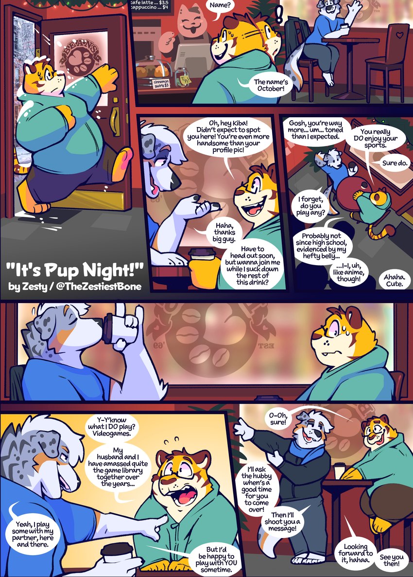 anthro beverage chatting coffee dialogue duo embarrassed eyewear glasses male male/male restaurant text thezestiestbone kiba_ru october_tiger australian_shepherd canid canine canis domestic_dog felid herding_dog mammal pantherine pastoral_dog sheepdog tiger absurd_res comic english_text hi_res