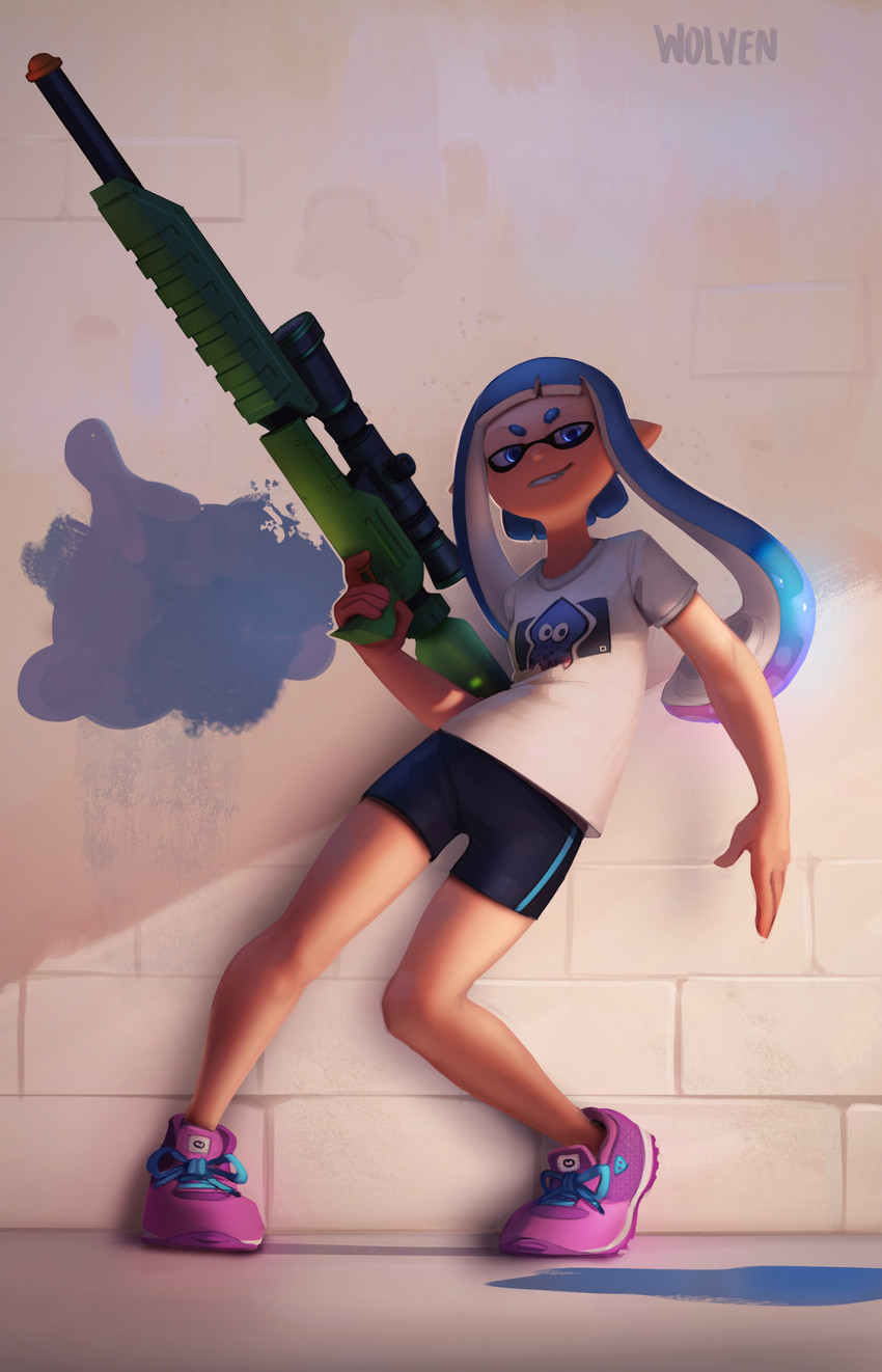 athletic_wear biped blue_eyes blue_hair bottomwear clothed clothing female footwear fully_clothed grin gun hair holding_gun holding_object holding_ranged_weapon holding_rifle holding_weapon leaning leaning_backward looking_at_viewer pose pseudo_hair ranged_weapon rifle shirt shoes shorts smile sneakers solo splat_charger splatterscope standing tan_body tan_skin tentacle_hair tentacles text topwear wall_(structure) weapon itswolven nintendo splatoon inkling_girl animal_humanoid cephalopod cephalopod_humanoid humanoid inkling marine marine_humanoid mollusk mollusk_humanoid squid_humanoid 2017 absurd_res english_text hi_res signature