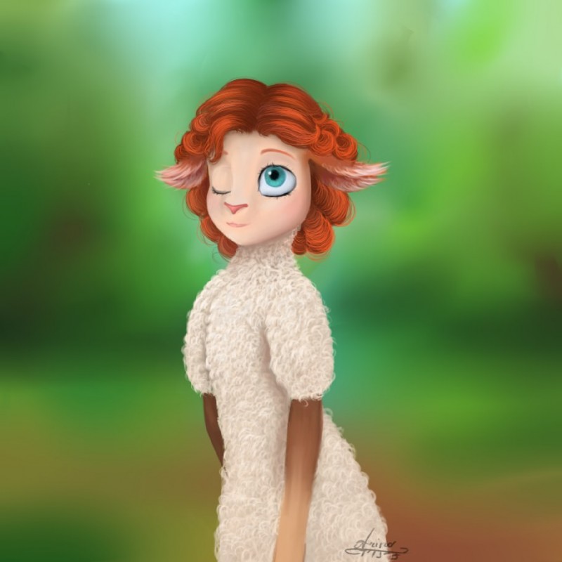 anthro biped female fur green_eyes hair one_eye_closed pink_nose red_hair russian simple_background smile solo standing arina_sapegina sheep_and_wolves wizart_animation lyra_(sheep_and_wolves) bovid caprine domestic_sheep mammal sheep 1:1 signature