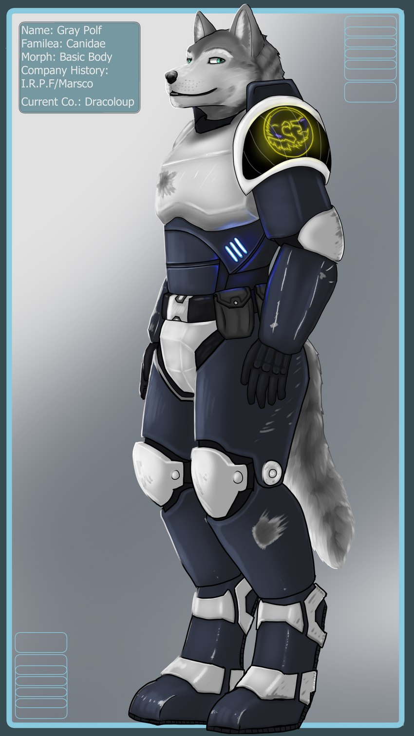 anthro armor clothed clothing confident dracoloup_co fur glowing green_eyes grey_body grey_fur grin hsd male marsco science_fiction smile solo wolfywetfurr_(artist) hc_svnt_dracones grayhypolf canid canine canis mammal wolf 9:16 hi_res