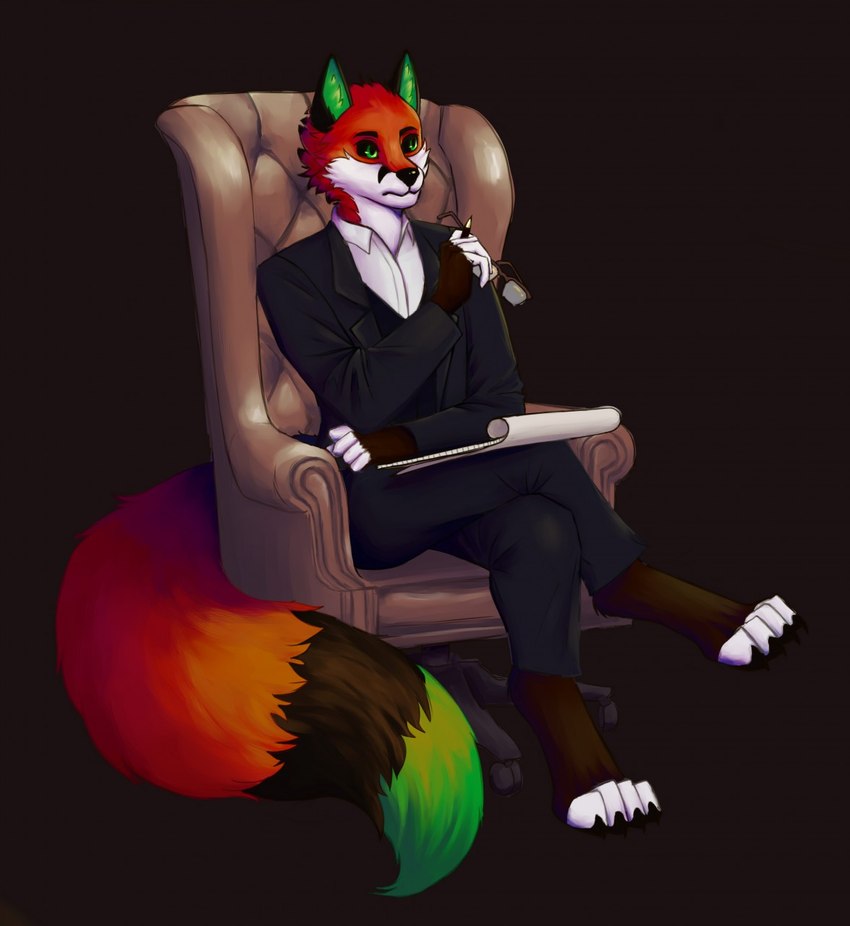 anthro armchair barefoot black_background black_ears black_nose black_sclera business_suit chair clothing crossed_legs digitigrade dipstick_tail eyewear feet fur furniture glasses green_eyes green_inner_ear green_tail_tip holding_eyewear holding_glasses holding_notebook holding_object holding_pen male markings pen psychiatrist red_body red_fur serious_face simple_background sitting sitting_on_armchair solo suit tail tail_markings snowyzorua victor_johansen canid canine fox mammal 2018 hi_res