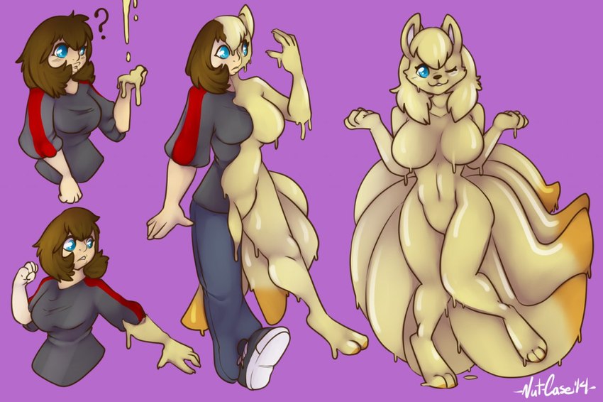 anthro female goo_transformation magenta_background simple_background slime solo transformation nut-case nintendo pokemon summer_(rismic) generation_1_pokemon goo_creature human mammal ninetales pokemon_(species)