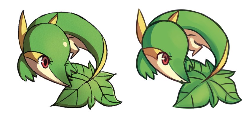 ambiguous_gender anterior_nasal_aperture eyelashes green_body green_tail leaf leaf_tail lying on_front on_ground pupils red_eyes simple_background solo tail white_background white_sclera flavia-elric nintendo pokemon generation_5_pokemon pokemon_(species) snivy 2017 digital_media_(artwork) hi_res