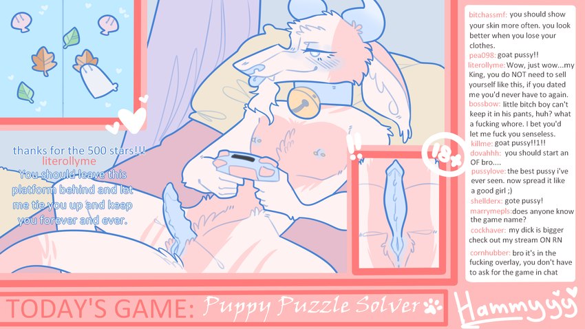 anthro bell bell_collar blue_penis blush chat collar collar_only controller detailed_background fur game_controller gaming gaming_controller genitals horn intersex livestream maleherm nipple_piercing nipples nude penis piercing pink_body pink_fur pussy solo spread_legs spreading text tongue tongue_out hamham_gd hamham_(hamham_gd) bovid caprine goat hybrid mammal english_text hi_res