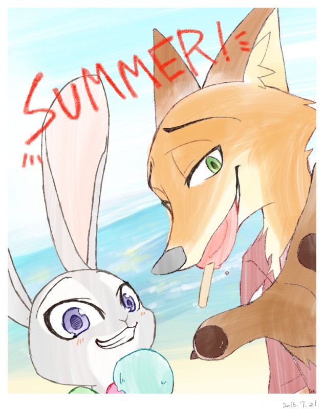 ambiguous_gender anthro beach blush claws clothed clothing dessert duo food fur green_eyes grey_body grey_fur grin holding_food holding_object ice_cream inner_ear_fluff orange_body orange_fur outside pawpads pawpsicle popsicle sand sea seaside shirt sky smile text topwear tuft water srfkkk disney zootopia judy_hopps nick_wilde canid canine fox lagomorph leporid mammal rabbit red_fox true_fox 2016 absurd_res english_text hi_res