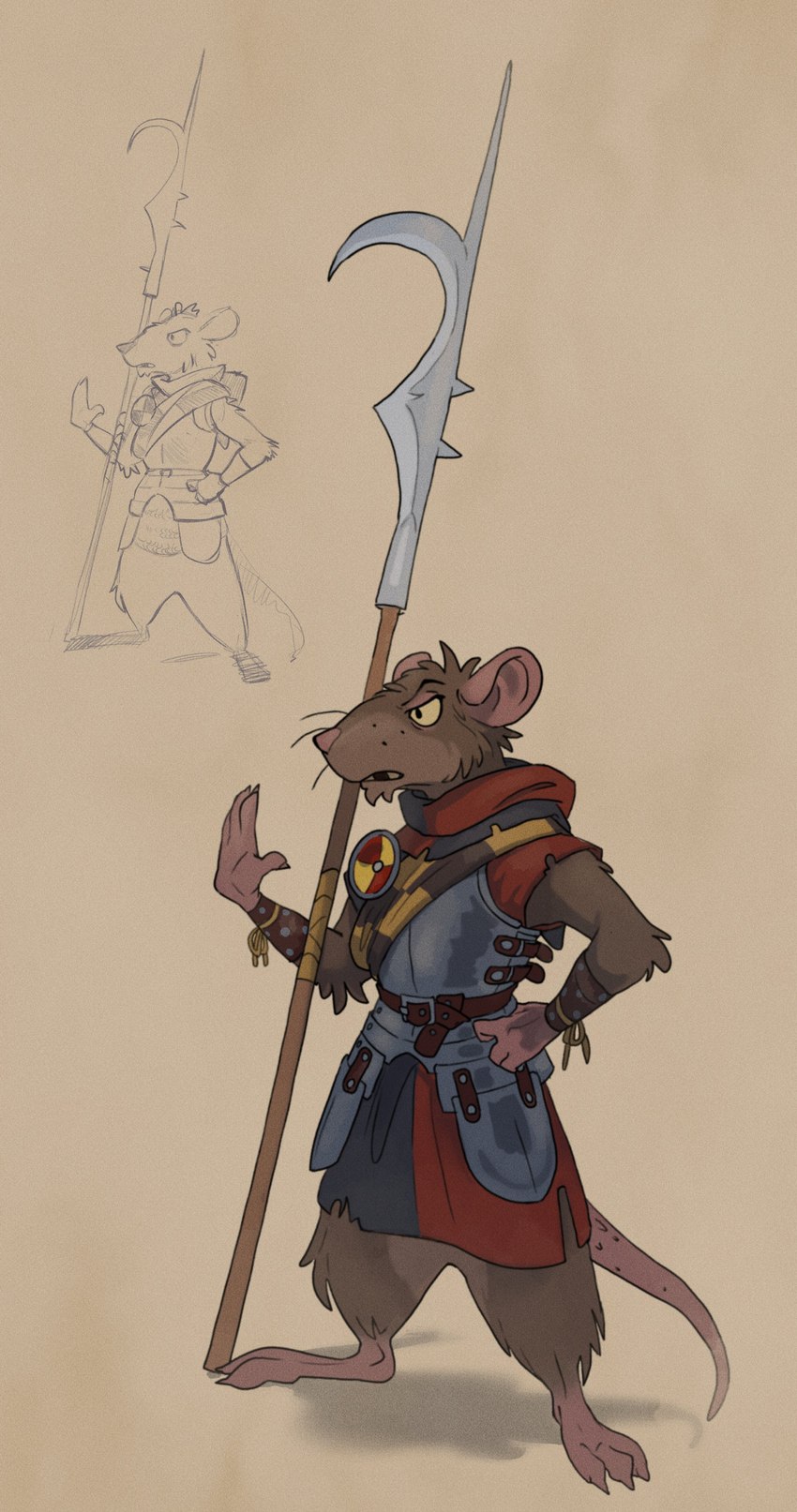 anthro armor bottomless clothed clothing fur glaive grey_body grey_fur male melee_weapon polearm solo tail weapon sneakygnida mammal murid murine rat rodent absurd_res hi_res