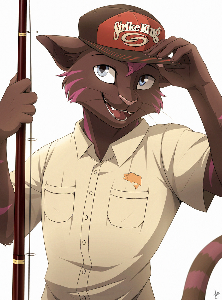 anthro black_body black_fur blue_eyes clothed clothing fishing_hat fishing_rod fur hair male purple_hair smile solo striped_body striped_fur stripes seyumei evo_star domestic_cat felid feline felis fishing_cat mammal prionailurus absurd_res hi_res