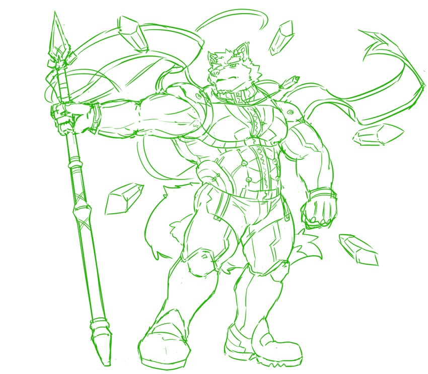 abs anthro bodysuit clothing crystal male melee_weapon muscular muscular_anthro muscular_male pecs polearm skinsuit solo spear standing superhero tight_clothing weapon butusan_p lifewonders live_a_hero pubraseer canid canine canis domestic_dog mammal green_and_white monochrome sketch