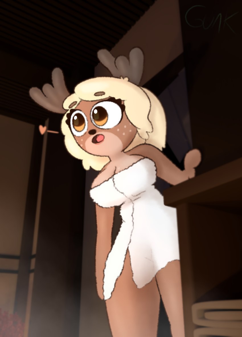 3d_background antlers big_breasts blonde_hair breasts brown_body brown_eyes brown_fur eyelashes female freckled_face freckles fur hair heart_symbol horn hot_spring larger_female lips onsen ponytail sauna size_difference steam text thick_thighs tongue towel towel_only water wide_hips guak blender_cycles nora_ashford deer mammal moose new_world_deer absurd_res blender_(artwork) digital_media_(artwork) hi_res mixed_media