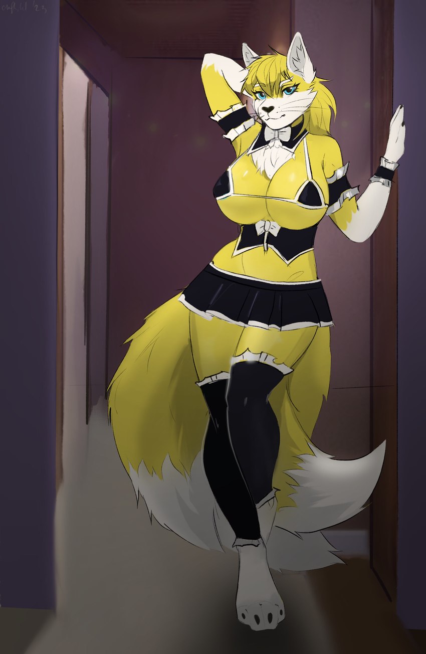 anthro armwear big_breasts bottomwear bra breasts clothed clothing corset female fur hair huge_breasts legwear lingerie maid_uniform miniskirt seductive simple_background skirt solo tail thigh_highs topwear underwear uniform clrfoolished akatosh canid canine fox mammal absurd_res hi_res