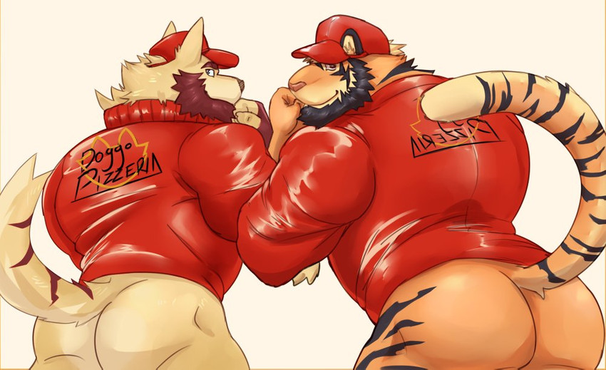 anthro big_butt bottomless butt clothed clothing delivery_(commerce) duo facial_hair food_delivery looking_at_viewer looking_back male male/male muscular muscular_anthro muscular_male pizza_delivery beastsauc3 canid canine canis felid hybrid mammal pantherine tiger wolf 2020