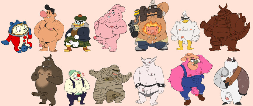 2_horns anthro balls belly big_belly flaccid genitals group horn male male_anthro male_human male_humanoid musclegut muscular muscular_anthro muscular_male nipples overweight overweight_anthro overweight_male pecs penis pink_body slightly_chubby haxsmack activision atlus blizzard_entertainment cartoon_network crash_bandicoot_(series) disney dreamworks ducktales ducktales_(2017) golan_the_insatiable hotel_transylvania madagascar_(series) mao_mao:_heroes_of_pure_heart megami_tensei megami_tensei_persona nintendo ok_k.o.!_let's_be_heroes overwatch persona_(series) persona_4 pokemon powerpuff_girls sega sony_corporation the_amazing_world_of_gumball the_grim_adventures_of_billy_and_mandy badgerclops dingodile flintheart_glomgold fuzzy_lumpkins golan_the_insatiable_(character) harold_(tgaobam) lord_boxman moto_moto murray_the_mummy richard_watterson roadhog_(overwatch) teddie_(persona) anatid anseriform avian badger bird canid canine canis common_hippopotamus crocodile crocodilian dingo duck generation_8_pokemon hippopotamid human humanoid hybrid lagomorph leporid mammal mummy mustelid musteline pokemon_(species) rabbit reptile scalie sirfetch'd undead absurd_res hi_res multiple_images