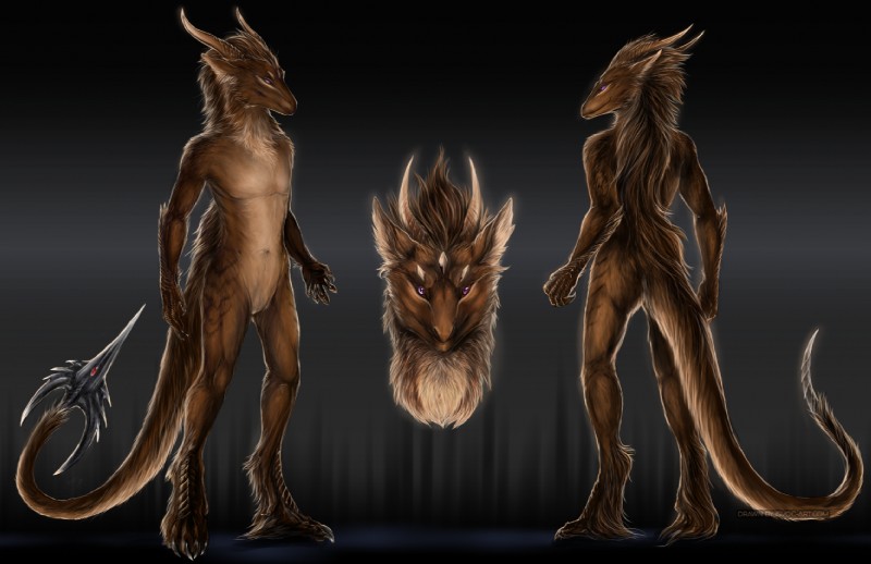 anthro biped brown_body brown_fur brown_hair chevron_(marking) digitigrade featureless_crotch fur hair horn male markings purple_eyes scuta_patch scuted_arms scuted_legs scutes solo standing tail isvoc mythology ven_(avelos) dragon dragoon_(avelos) furred_dragon furred_scalie mythological_creature mythological_scalie reptile scalie wingless_dragon model_sheet