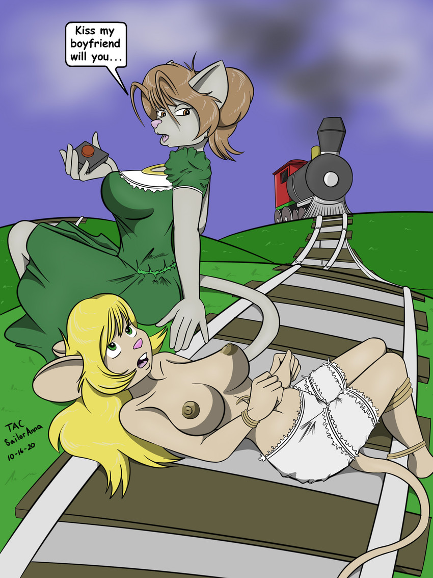 blonde_hair bound breasts brown_body brown_fur brown_hair cliche clothed clothing dress female fur grey_body grey_fur hair locomotive navel nipples outside peril pink_nose railway railway_track steam_locomotive topless underwear vehicle yandere sailoranna carrie_(kenoscope) mary_(kenoscope) domestic_cat felid feline felis mammal mouse murid murine rodent 2020 3:4 hi_res