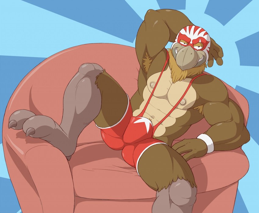 2_toes anthro armpit_hair avian_feet beak big_biceps blue_background body_hair brown_body brown_feathers bulge clothed clothing feathers feet foot_on_sofa furniture grey_beak grin half-closed_eyes hand_behind_head looking_at_viewer lucha_libre_mask luchador male mask muscular muscular_anthro muscular_male narrowed_eyes navel nipples on_sofa reclining reclining_on_sofa simple_background smile smug sofa solo sports_mask sportswear tan_nipples toes topless topless_anthro topless_male wrestler wrestling_mask anti_dev incestaroos chet_(anti_dev) accipitrid accipitriform avian bird chickenhawk 2015