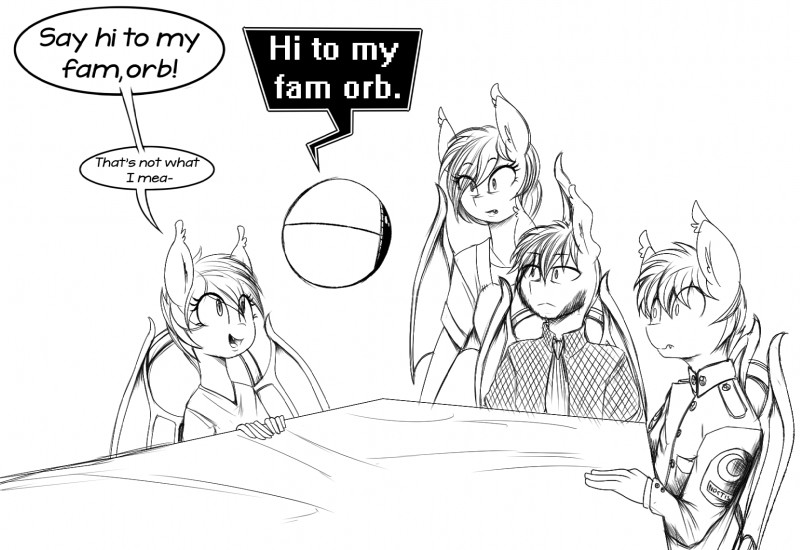 anthro dialogue female group machine male text replica_(artist) hasbro my_little_pony fan_character nectarine_wynne nightseeker_(oc) nolegs_(oc) vigil_(oc) bat_pony equid mammal robot 2016 english_text hi_res monochrome