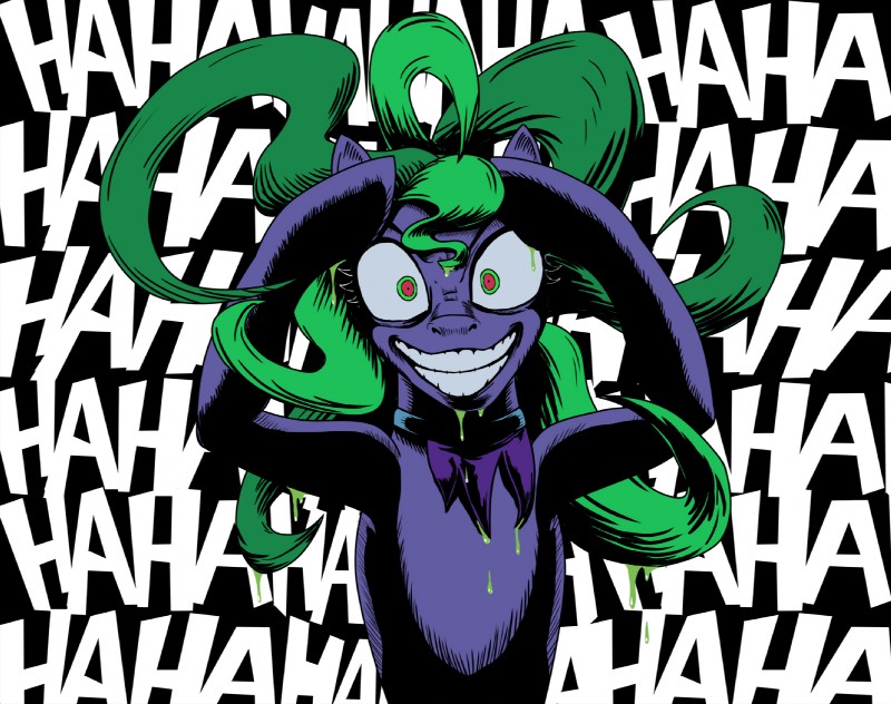 female fur green_eyes green_hair hair insane laugh multicolored_eyes navel parody purple_body purple_fur red_eyes smile solo text text_background mistermech batman_(series) dc_comics friendship_is_magic hasbro my_little_pony mane-iac_(mlp) power_ponies_(mlp) the_joker earth_pony equid equine horse mammal pony 2014 crossover digital_media_(artwork) english_text half-length_portrait hi_res portrait