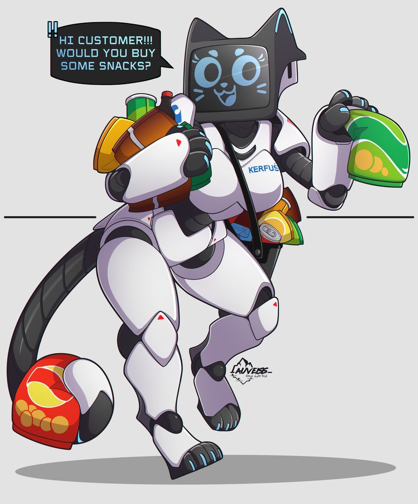 4_fingers 4_toes :3 anthro anthrofied armor blue_eyes blue_eyeshadow blue_nose boob_armor breastplate breasts chips_(food) codpiece cuisse dialogue digitigrade eyelashes eyeshadow feet female fingers food grey_background handpaw holding_food holding_object junk_food leaning leaning_forward logo looking_at_viewer machine makeup on_one_leg open_:3 paws poleyn potato_chips prehensile_tail sabatons schynbalds screen screen_face segmented_arms segmented_tail shoulder_bag shoulder_guards simple_background snack snacks soda_bottle solo speech_bubble standing tail talking_to_viewer text toes vambrace whiskers white_armor auveiss carrefour pudu_robotics kerfus bellabot domestic_cat felid feline felis mammal robot 2023 absurd_res artist_logo artist_name cel_shading digital_media_(artwork) english_text full-length_portrait hi_res portrait shaded