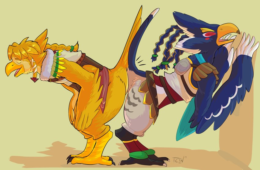 alternate_species anthro ass_to_ass avian_feet beak blue_body blue_feathers blush butt_rub cloacal cloacal_kiss clothing duo feathers feet hair male male/male open_mouth sex simple_background species_transformation talons toes transformation yellow_background yellow_body the_coast_is_near breath_of_the_wild nintendo the_legend_of_zelda link_(rito_form) revali avian bird rito hi_res