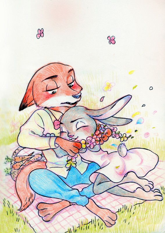 anthro barefoot bedding blanket bow_(feature) bow_tie carrot clothing crossed_legs dress duo eyes_closed feet female food fur green_eyes grey_body grey_fur hug long_ears male orange_body orange_fur outside picnic plant sitting smile vegetable weketa disney zootopia judy_hopps nick_wilde canid canine fox lagomorph leporid mammal rabbit red_fox true_fox 2016 hi_res