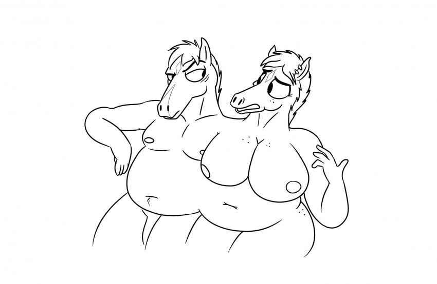 anthro belly conjoined duo female male wide_dicephalous theyton bojack_horseman netflix bojack_horseman_(character) hollyhock_(bojack_horseman) equid equine horse mammal monochrome