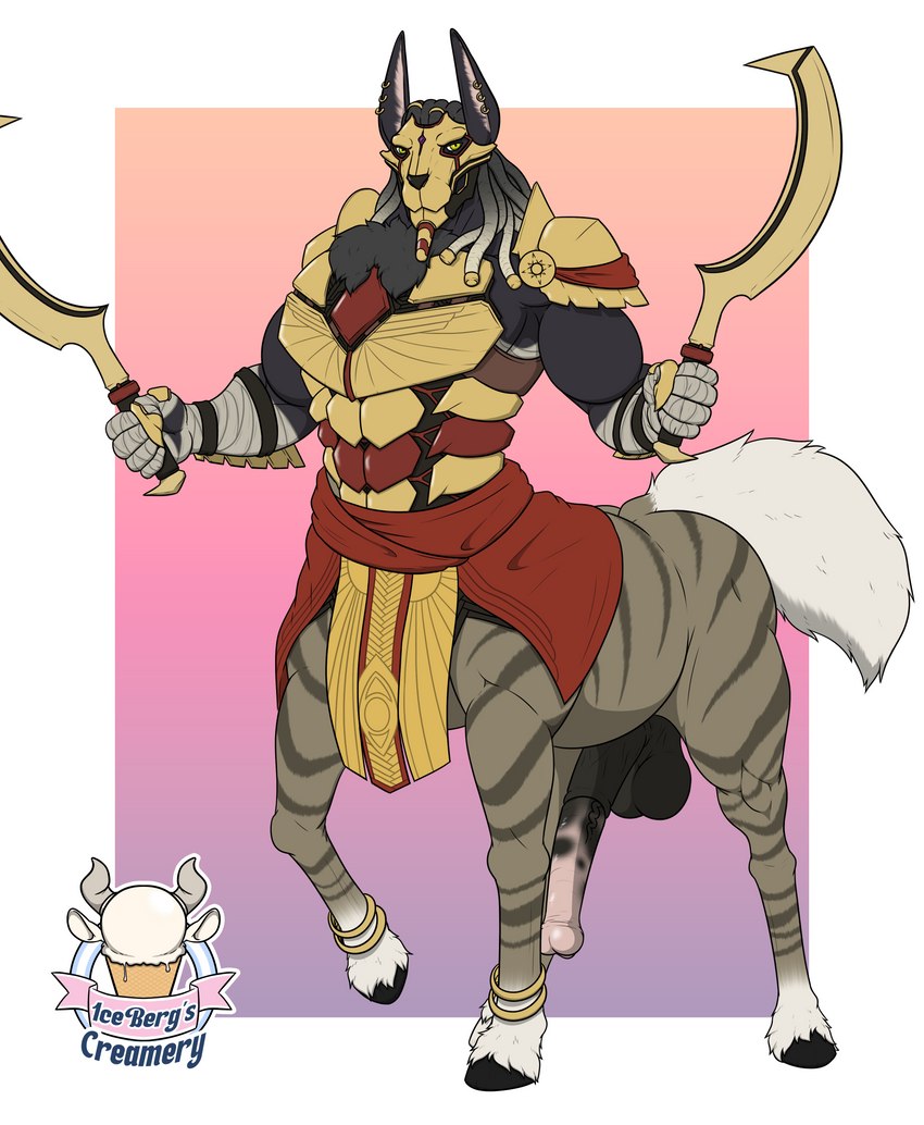 animal_genitalia animal_penis anthro armor balls blade dreadlocks ear_piercing equine_genitalia equine_penis erection genitals khopesh male mask melee_weapon muscular muscular_male penis piercing simple_background solo standing sword weapon 1ceberg canid canine canis jackal mammal taur absurd_res hi_res