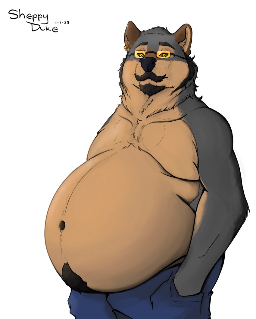 anthro belly big_belly black_sclera bottomwear clothed clothing eyewear facial_hair fur glasses grey_body grey_fur legwear male mature_anthro mature_male mustache overweight overweight_anthro overweight_male pants simple_background solo three-quarter_view white_background yellow_eyes sheppyduke canid canine canis mammal wolf hi_res