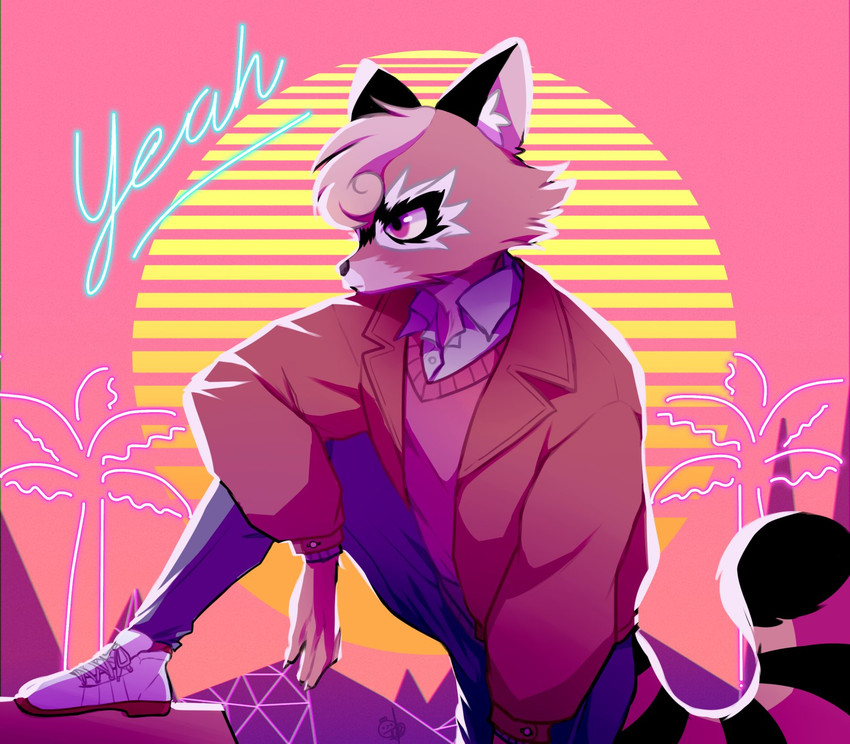 anthro brown_body brown_fur clothed clothing fur looking_away male pink_background purple_eyes simple_background solo synthwave topwear coalsack outrun mammal procyonid raccoon hi_res