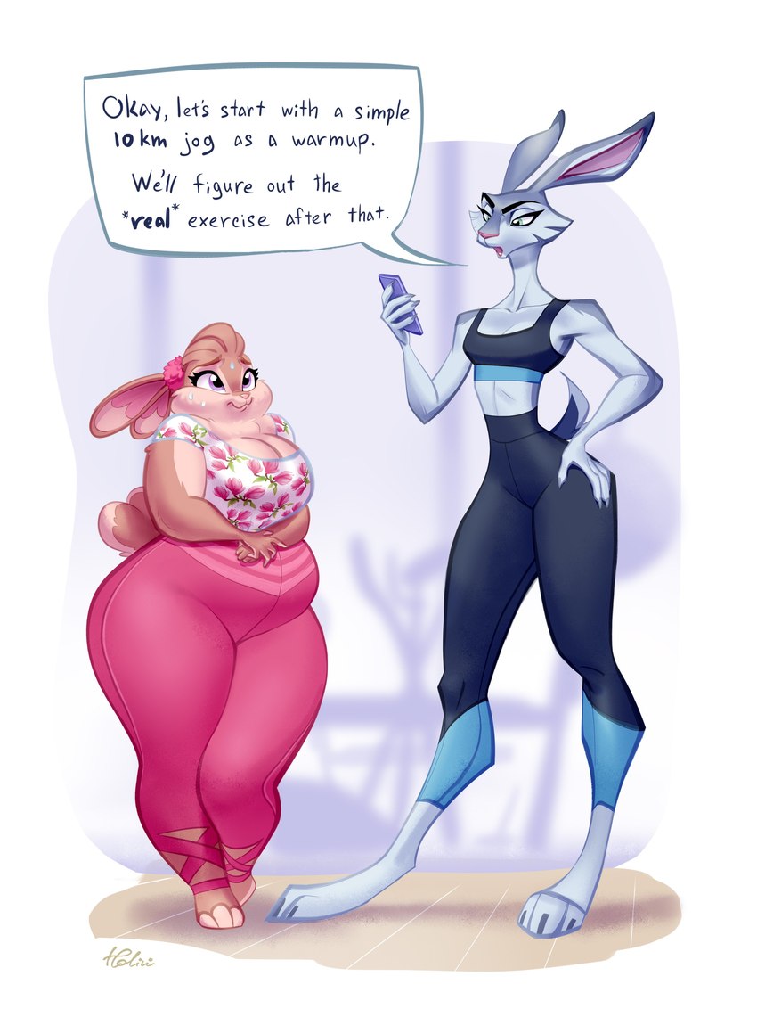 anthro athletic big_breasts bodily_fluids bra breasts cellphone clothed clothing dialogue duo earband electronics female high_waisted_bottomwear long_legs midriff nervous overweight overweight_anthro overweight_female phone size_difference small_breasts sports_bra sweat text thick_thighs underwear holivi lagomorph leporid mammal rabbit absurd_res english_text hi_res