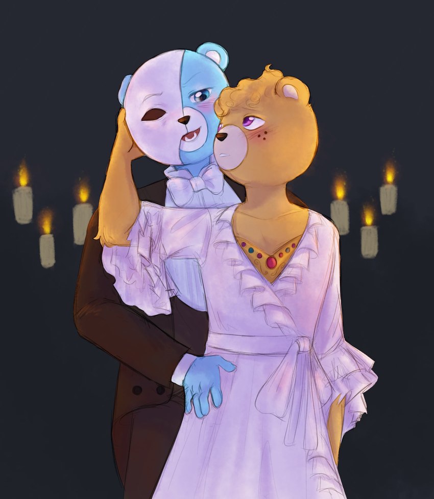 anthro biped blue_body blue_eyes blush bow_tie candle clothed clothing duo hug humanoid_hands mask purple_eyes abbytabbys phantom_of_the_opera unicorn_wars azulin_(unicorn_wars) cabo_pompon_(unicorn_wars) bear mammal 2023 hi_res