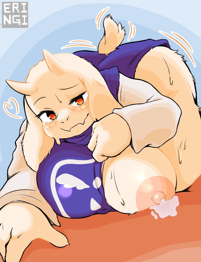 anthro areola big_breasts blush bodily_fluids breasts clothed clothing female fur horn lactating looking_at_viewer mature_anthro mature_female nipples smile solo white_body white_fur eringi undertale undertale_(series) toriel boss_monster_(undertale) bovid caprine goat mammal absurd_res hi_res