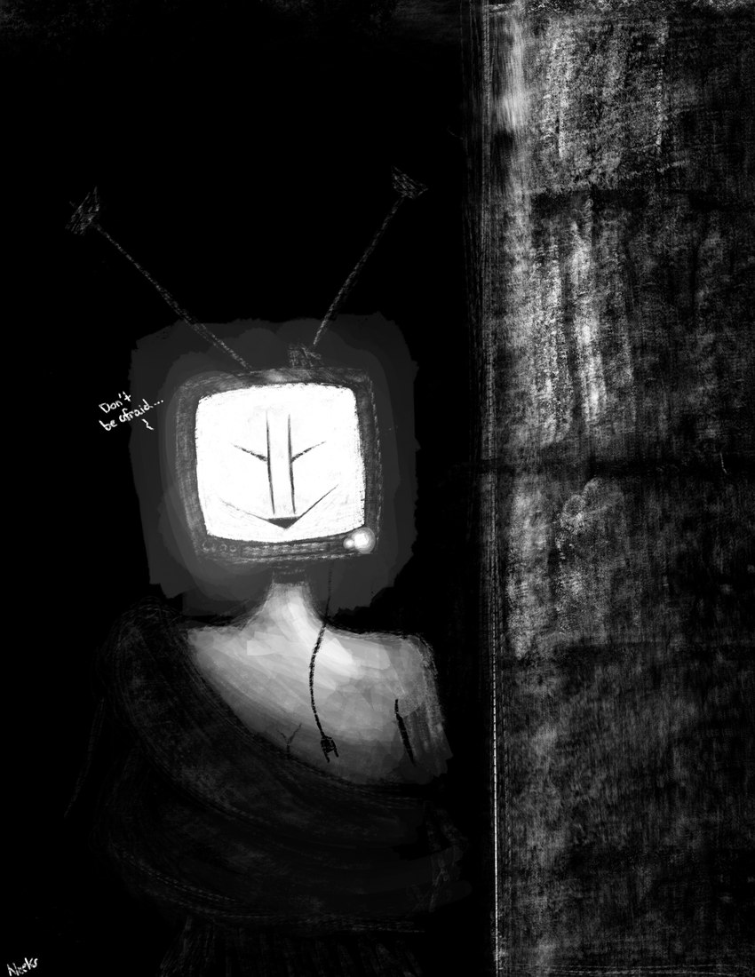 :> big_breasts breasts choker cleavage clothed clothing dialogue electronics eyelashes female for_a_head front_view horror_(theme) huge_breasts jewelry looking_at_viewer necklace not_furry off_shoulder open_mouth open_smile plug screen screen_face simple_eyes smile solo standing sweater talking_to_viewer television text topwear ultraneeks cc-by-nc-nd creative_commons tabitha_(ultraneeks) humanoid object_head screen_head tv_head absurd_res digital_drawing_(artwork) digital_media_(artwork) english_text greyscale hi_res monochrome signature