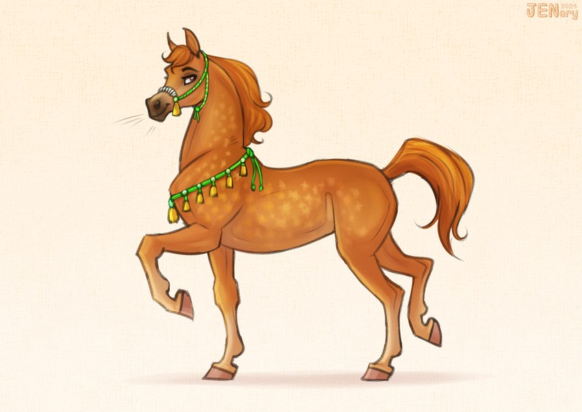 ambiguous_gender eyebrows feral hair halter hooves mane orange_body orange_eyes orange_hair orange_mane orange_tail raised_leg raised_tail rope_around_neck simple_background smile solo tail text jenery equid equine horse mammal 2023 digital_media_(artwork) english_text hi_res watermark