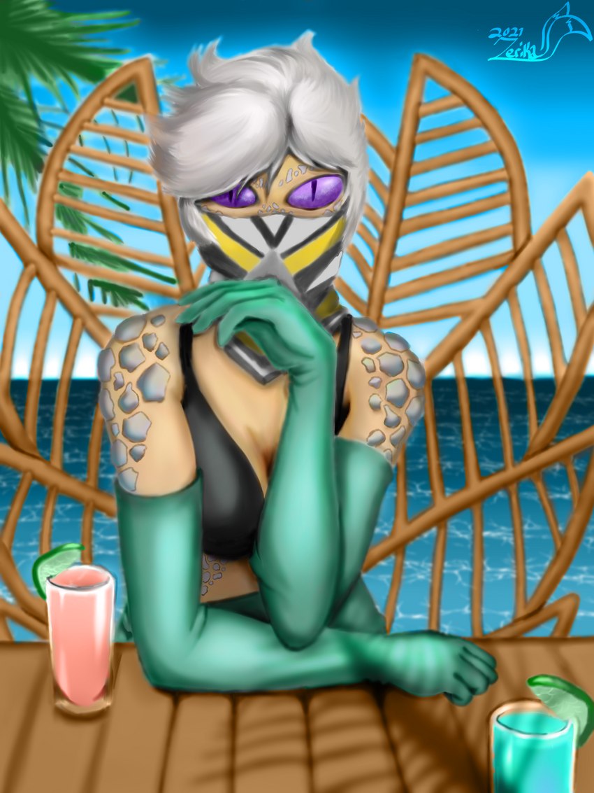 armwear balaclava beverage bikini bikini_top breasts clothing elbow_gloves female food fruit furniture gloves green_clothing green_gloves green_handwear hair handwear lime looking_at_viewer mask palm_tree plant pupils purple_eyes sea slit_pupils solo swimwear table tree two-piece_swimsuit water white_hair wrap zerika_(artist) asclepia animal_humanoid humanoid reptile reptile_humanoid scalie scalie_humanoid snake_humanoid 2021 3:4 hi_res herm_(lore)