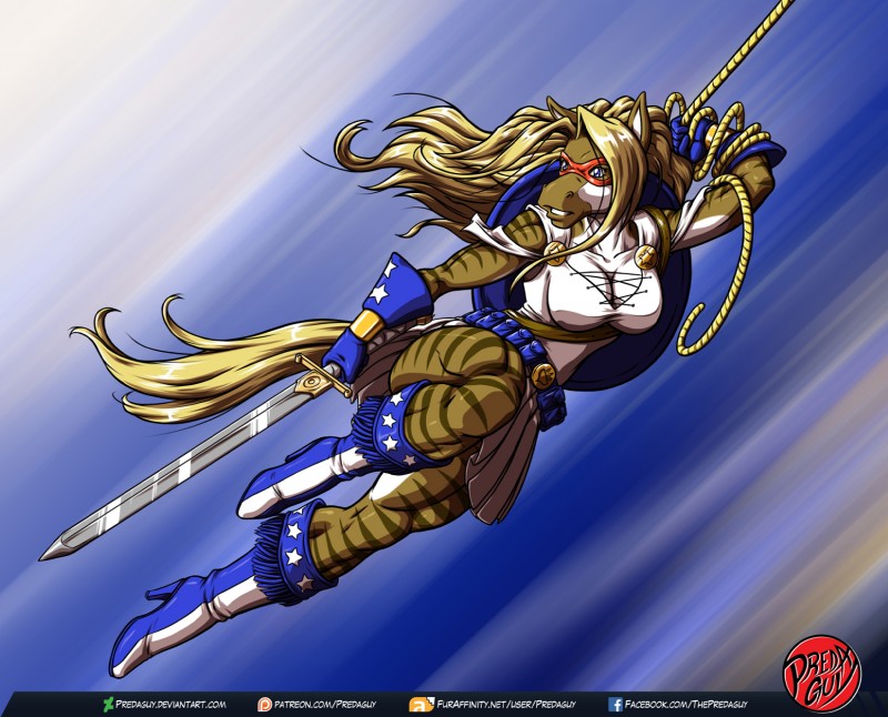 anthro biped blonde_hair boots bottomwear clothing female footwear gloves hair handwear high_heeled_boots high_heels logo melee_weapon miniskirt rope shield shoes skirt solo superhero sword text weapon predaguy lady_liberty equid equine horse mammal artist_logo digital_media_(artwork) hi_res url