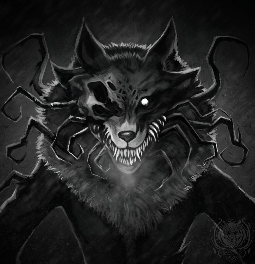 anthro claws female finger_claws fur_collar glowing glowing_eyes light moonlight nightmare_fuel scary sharp_teeth solo teeth the_creativity_reed_ar_jo tiny_bunny alice_the_vixen canid canine fox mammal monster 2023 greyscale hi_res monochrome