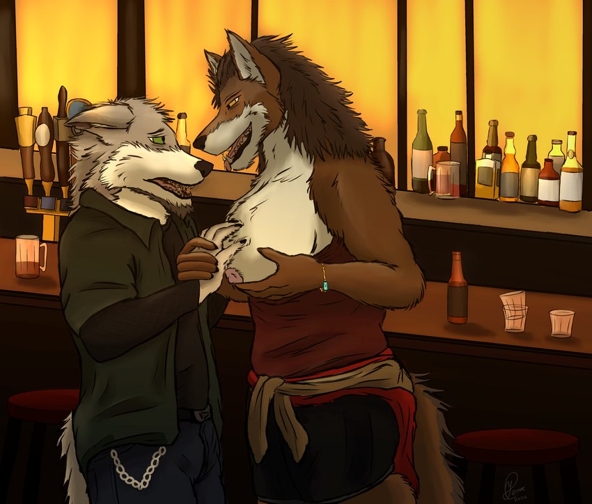 alcohol anthro bar beer beer_bottle beer_tap beverage bottle breast_play breasts container dominant dominant_female drunk duo exposed_breasts female glass liquor_bottle male male/female nervous public public_exposure submissive submissive_male substance_intoxication warm_lighting yenocwolf erin_hughes_(character) yenoc canid canine canis mammal red_wolf wolf absurd_res hi_res shaded simple_shading