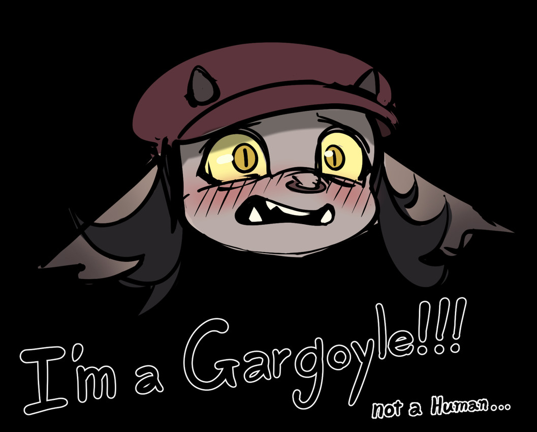 anthro black_background black_hair blush blush_lines clothing dialogue ears_down eyelashes facial_piercing female flat_cap grey_horn hair hat headgear headwear horn nose_piercing nose_ring open_mouth piercing pivoted_ears pupils ring_piercing simple_background slit_pupils solo text yellow_eyes yellow_sclera member123 deadlock valve ivy_(deadlock) gargoyle hi_res