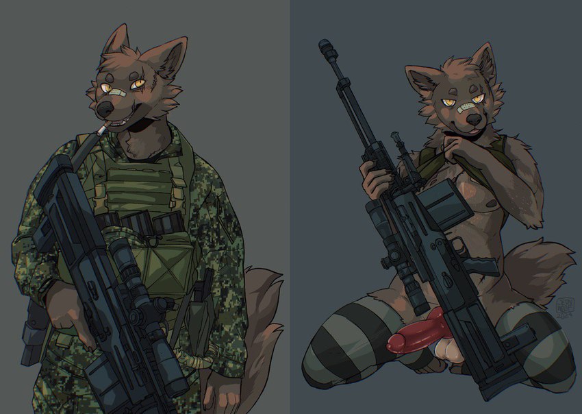 animal_genitalia animal_penis anthro balls band-aid bandage blep camo canine_genitalia canine_penis cigarette clothed clothing erection genitals gun kneeling knot legwear male multiple_poses nipples pattern_clothing pattern_legwear pattern_stockings penis pose ranged_weapon rifle simple_background sniper_rifle solo stockings striped_clothing striped_legwear striped_stockings stripes tongue tongue_out weapon jeanwoof canid canine canis mammal wolf