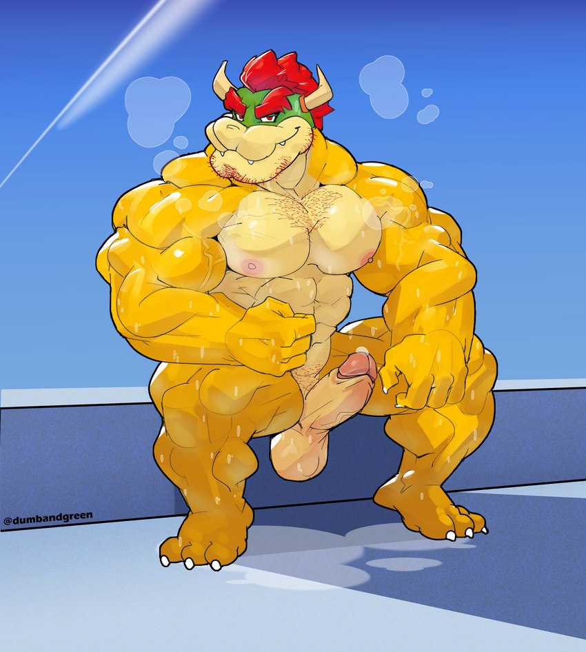 3_toes 4_fingers abs anthro balls barazoku biceps big_muscles bodily_fluids body_hair chest_hair claws erection eyebrows facial_hair feet fingers flexing flexing_bicep foreskin genital_fluids genitals hair hairy horn huge_muscles humanoid_genitalia humanoid_hands humanoid_penis looking_at_viewer male manly muscular muscular_anthro muscular_male musk nipples non-mammal_balls non-mammal_foreskin non-mammal_nipples nude obliques pecs penis precum pubes red_hair retracted_foreskin sitting smile smiling_at_viewer solo sweat sweat_pool text thick_thighs toe_claws toes twitter_handle vein veiny_muscles veiny_penis wet wet_body dumbandgreen mario_bros nintendo bowser koopa scalie 2022 absurd_res artist_name colored colored_line_art english_text hi_res shaded url