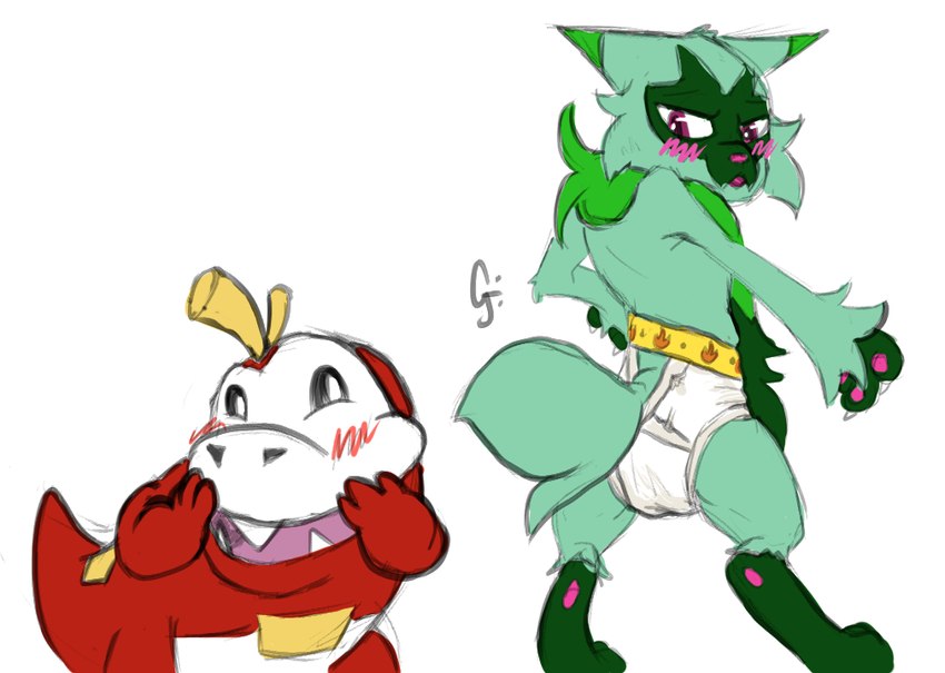 ambiguous_gender anthro blush clean_diaper clothed clothing diaper duo fur markings open_mouth red_body simple_background tail wearing_diaper white_background waitfurgodot nintendo pokemon floragato fuecoco generation_9_pokemon mammal pokemon_(species) reptile scalie digital_media_(artwork)