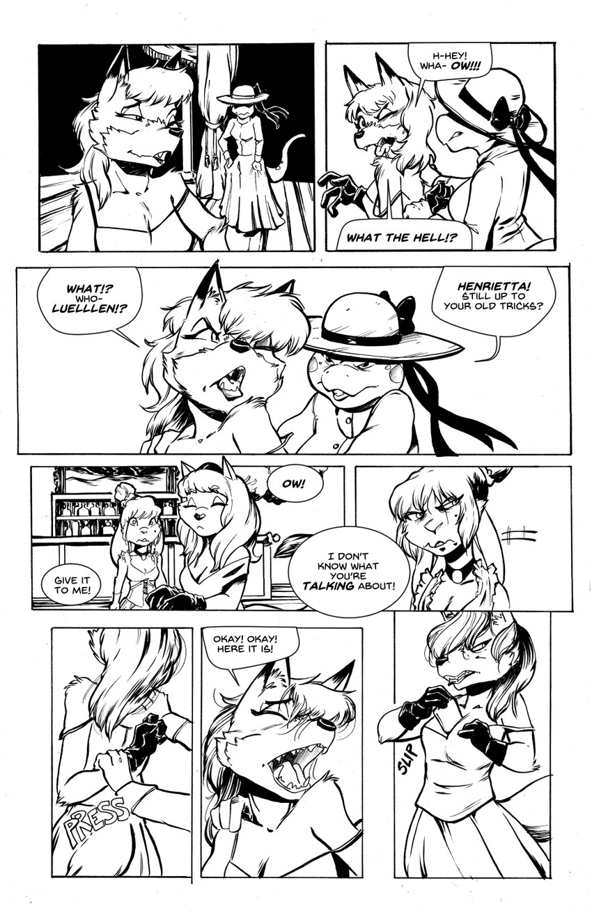 anthro between_breasts big_breasts breasts brothel cleavage clothed clothing dialogue female group pain saloon saloon_dress text wallet western wild_west jamil_gonzalez the_tale_of_jasper_gold luellen_cunningham canid canine fox gecko lagomorph leporid lizard mammal rabbit reptile scalie comic english_text hi_res monochrome