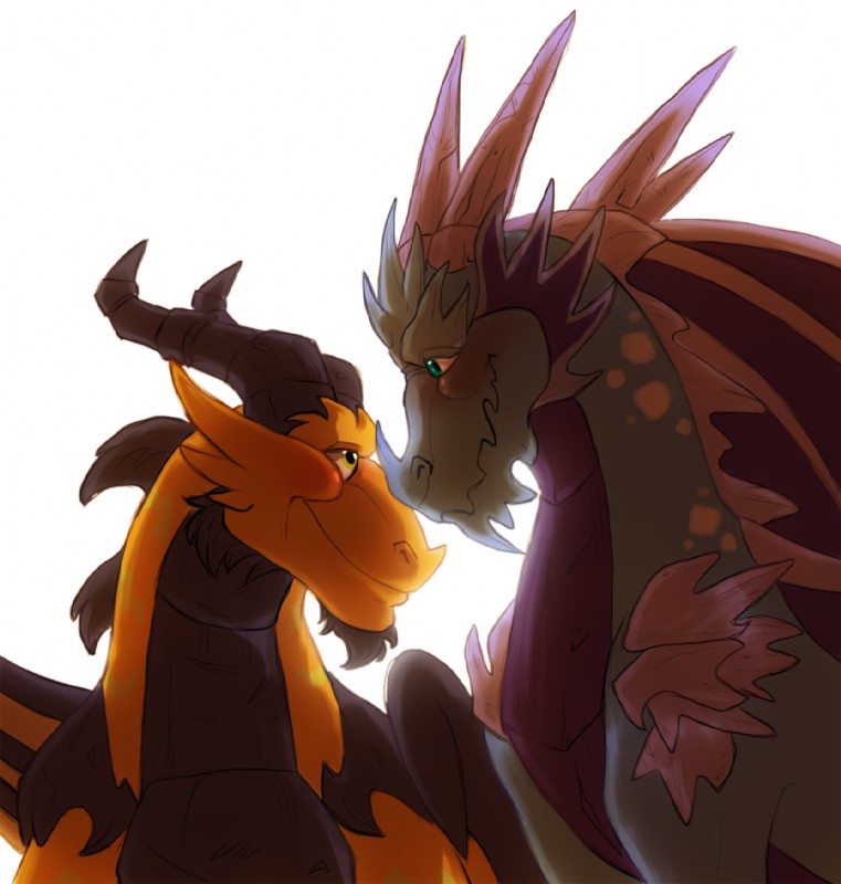 beard blue_eyes blush duo eye_contact facial_hair feral feral_on_feral goatee happy horn looking_at_another love male male/male membrane_(anatomy) membranous_wings romantic romantic_couple simple_background smile spikes white_background wings yellow_eyes shaiger activision european_mythology mythology spyro_the_dragon the_legend_of_spyro cyril_(spyro) volteer dragon mythological_creature mythological_scalie scalie western_dragon 2014