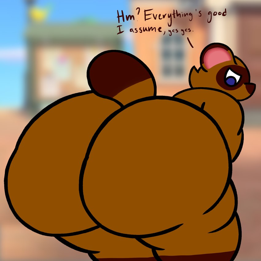 anthro big_butt brown_body brown_fur butt fur huge_butt hyper hyper_butt looking_back male nude overweight overweight_male simple_background solo tail text thick_thighs notabird animal_crossing nintendo tom_nook_(animal_crossing) canid canine mammal raccoon_dog tanuki 1:1 2024 digital_drawing_(artwork) digital_media_(artwork) english_text hi_res