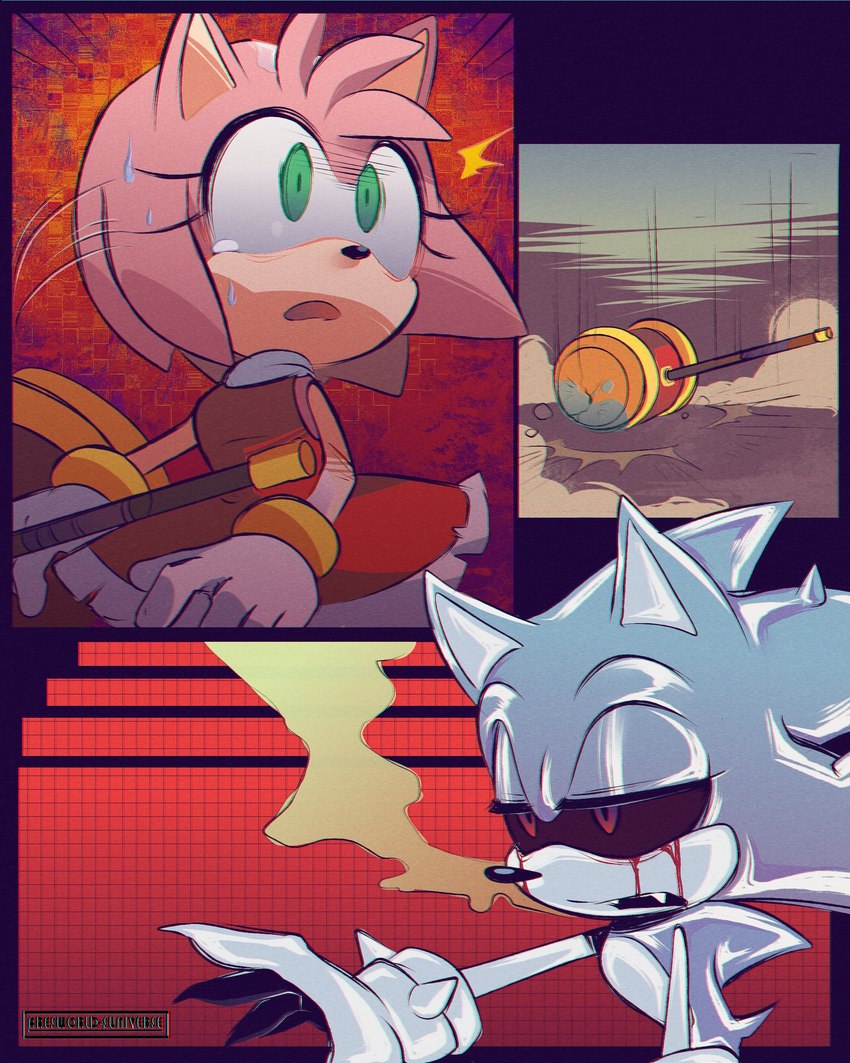 anthro bodily_fluids clothed clothing duo female gloves green_eyes hammer handwear male metal_virus metallic_body red_eyes sweat tail tears tools arsworlds idw_publishing sega sonic_the_hedgehog_(comics) sonic_the_hedgehog_(idw) sonic_the_hedgehog_(series) amy_rose sonic_the_hedgehog eulipotyphlan hedgehog mammal zombot comic hi_res