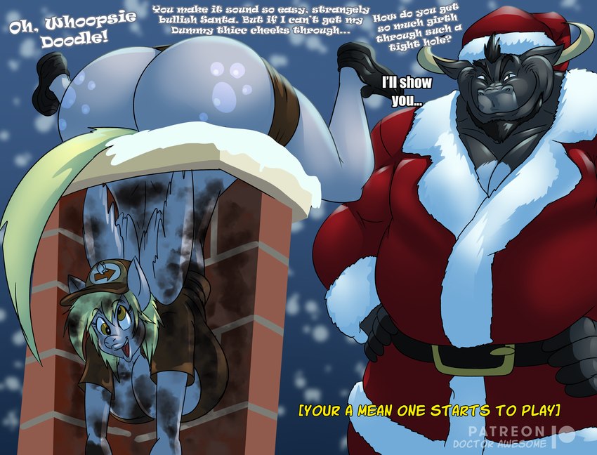 anthro anthrofied athletic athletic_anthro athletic_male beard big_breasts big_butt black_body black_fur blonde_hair bottomwear bottomwear_down breaking_the_fourth_wall breasts bubble_butt butt chimney christmas_clothing christmas_headwear cleavage clothed clothing costume cutie_mark detailed_background dialogue duo eyelashes facial_hair female fluffy fluffy_tail fur green_eyes grey_body grey_fur grinch_smile hair hands_on_hips hands_on_own_hips hat headgear headwear holidays horn hotpants huge_breasts huge_butt looking_at_viewer male muscular muscular_anthro muscular_male outside partially_clothed patreon_logo postal_uniform pupils santa_costume santa_hat short_hair shorts shorts_down smile snow snowing soot stuck stuck_in_chimney stuck_in_hole tail text thick_thighs wide_hips wings winter yellow_eyes yellow_tail thebigbadwolf01 christmas european_mythology friendship_is_magic greek_mythology hasbro my_little_pony mythology patreon derpy_hooves_(mlp) bovid bovine equid equine mammal minotaur mythological_creature mythological_equine pegasus 2022 artist_name digital_drawing_(artwork) digital_media_(artwork) english_text hi_res watermark