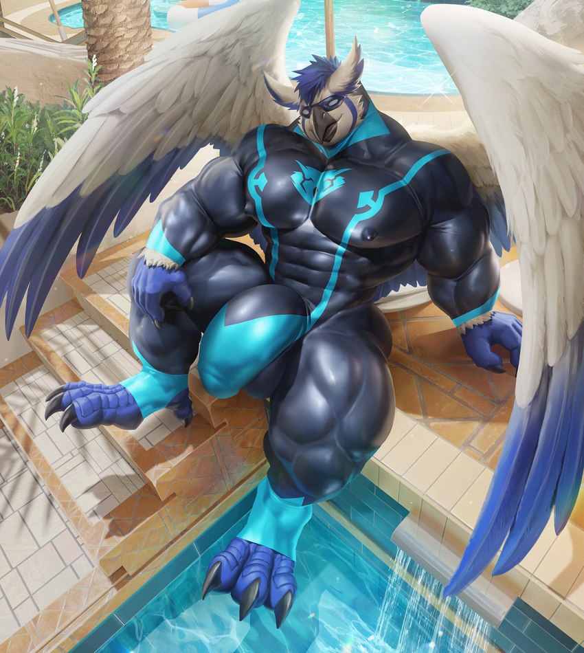 abs anthro balls biceps big_balls big_penis blue_body blue_feathers blue_hair blue_talons bodysuit bulge claws clothing day eye_mask feathers feet finger_claws genitals hair humanoid_genitalia humanoid_penis latex latex_clothing latex_skinsuit male muscular muscular_thighs nipple_outline obliques outside palm_tree pecs penis plant quads rubber_clothing skinsuit solo steps swimming_pool swimwear talons tight_clothing toe_claws toes tree water white_body white_feathers wings yellow_sclera takahirosi sova avian bird owl 2021 hi_res