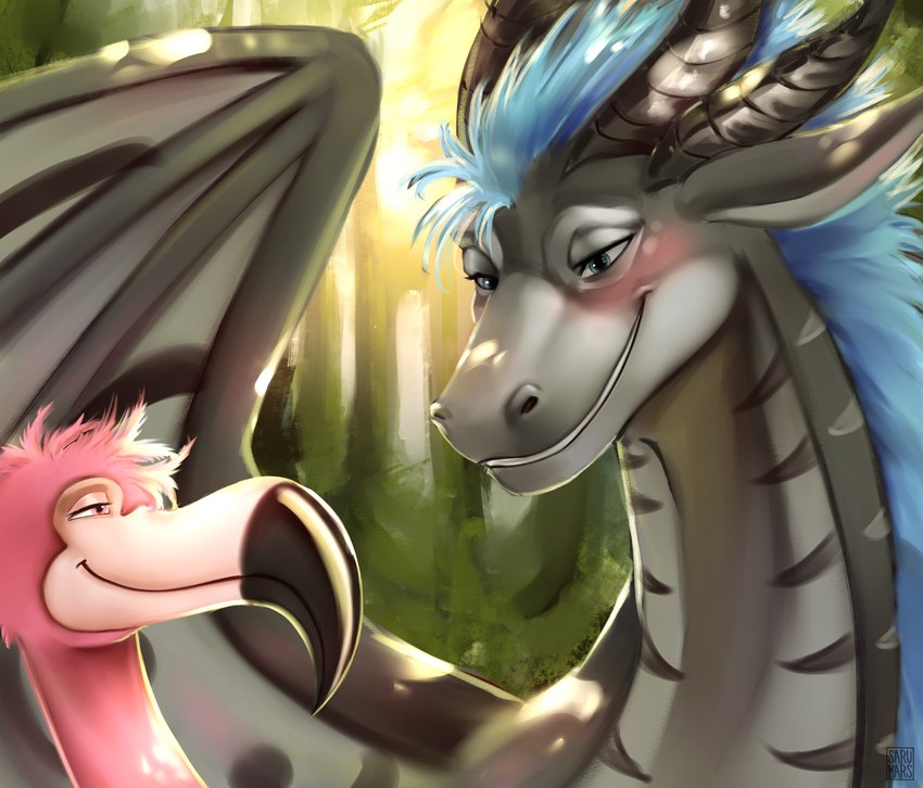 black_horn duo feral grey_body grey_wings horn male male/male membrane_(anatomy) membranous_wings pink_body striped_neck wings saru-mars mythology issac_(potatoflamingo) kair avian bird dragon flamingo mythological_creature mythological_scalie scalie absurd_res hi_res